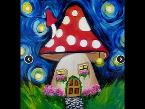 Painting of mushroom house with starry night.