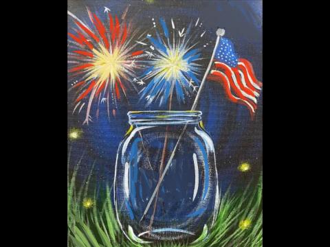 Painting of sparklers, U.S. flag, and jar.