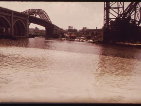 cuyahoga river with bridge in background