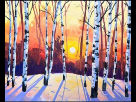 painting of birch tress in winter with sun rise or sun set