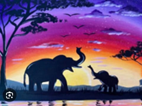 Painting of mom and baby elephants, background sky is of purples, reds, and yellows.