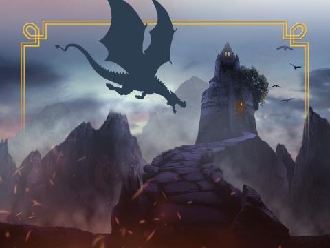dragon approaching mountain tower