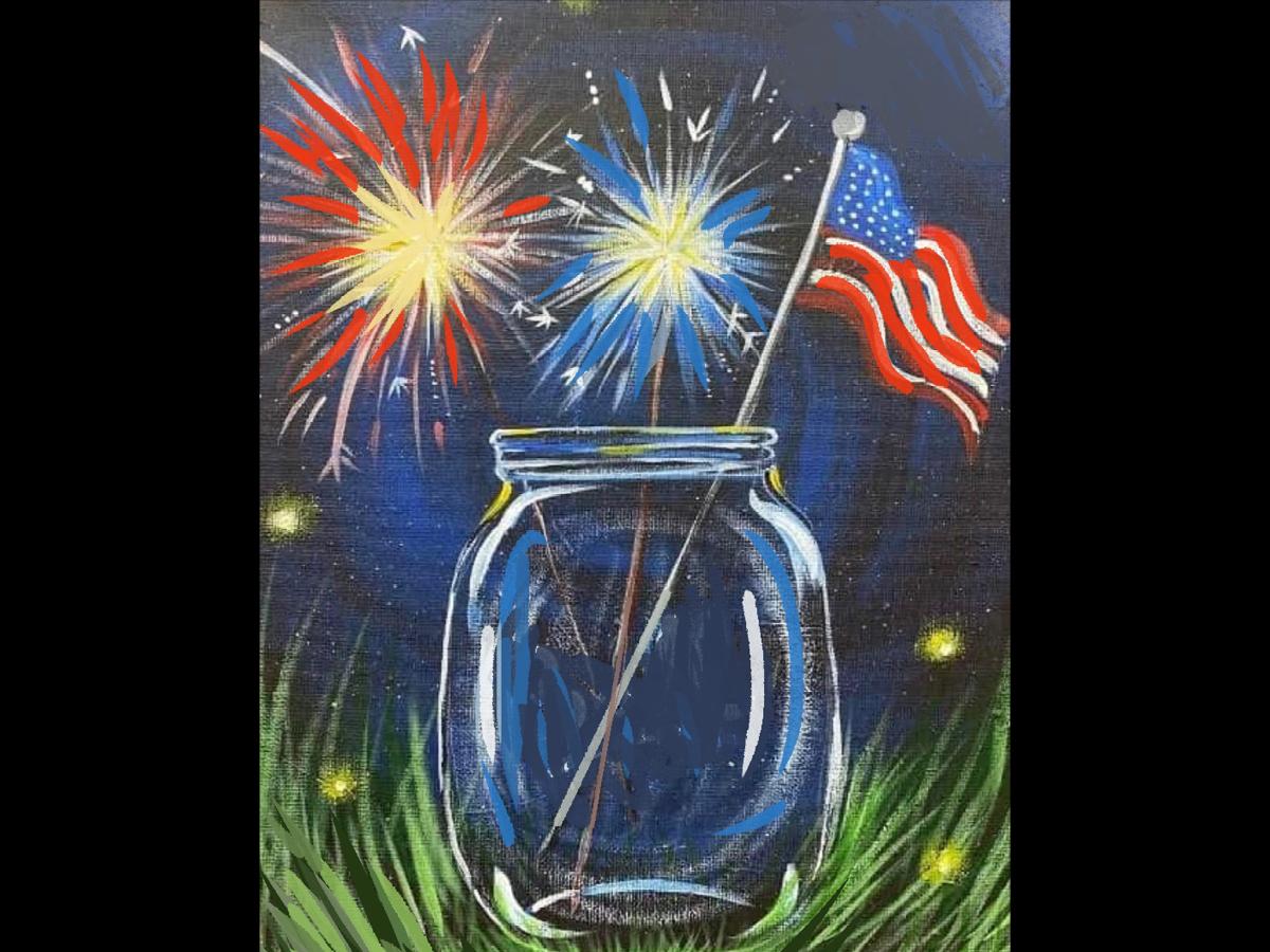 Painting of sparklers, U.S. flag, and jar.