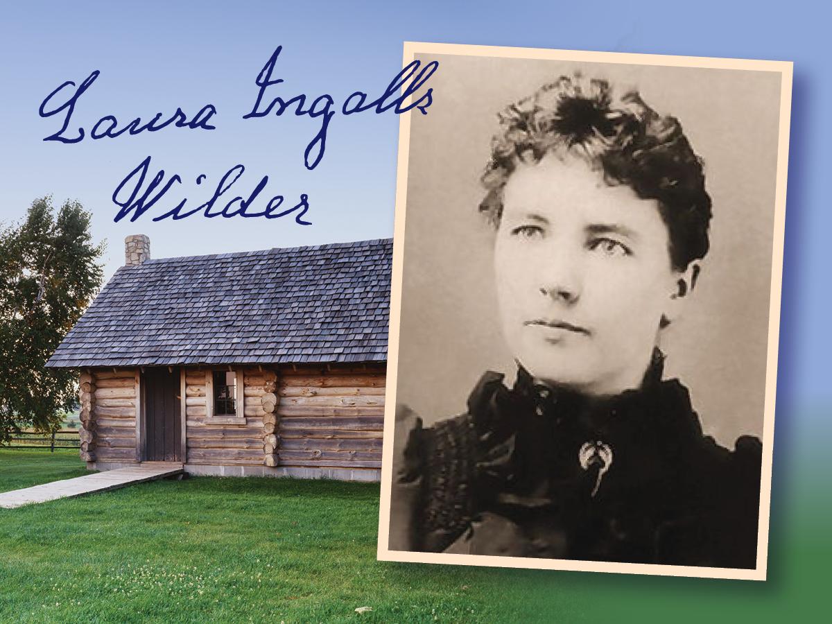 image of Laura Ingalls Wilder and replica of her cabin