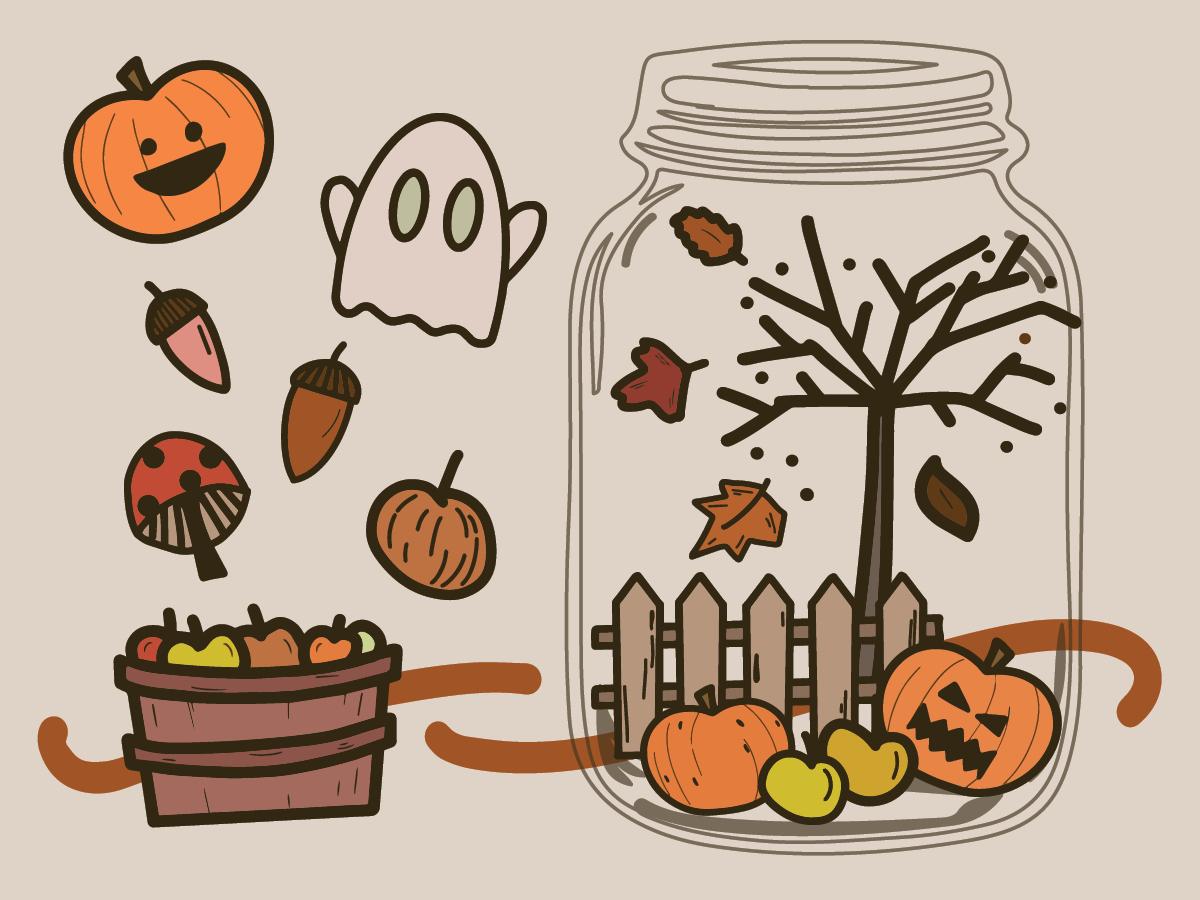 illustration of jar with fall and halloween items