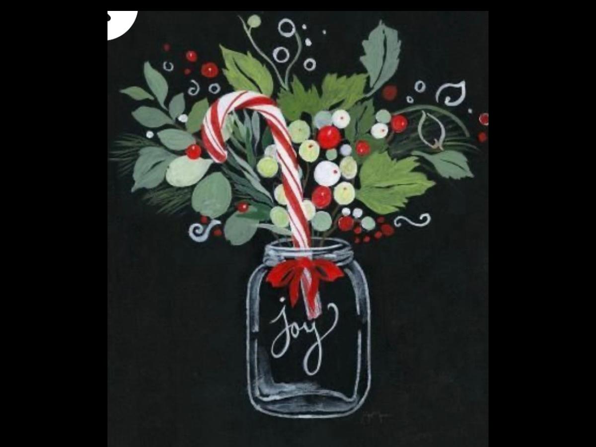 Painting of a mason jar filled with candy canes and winter greenery.