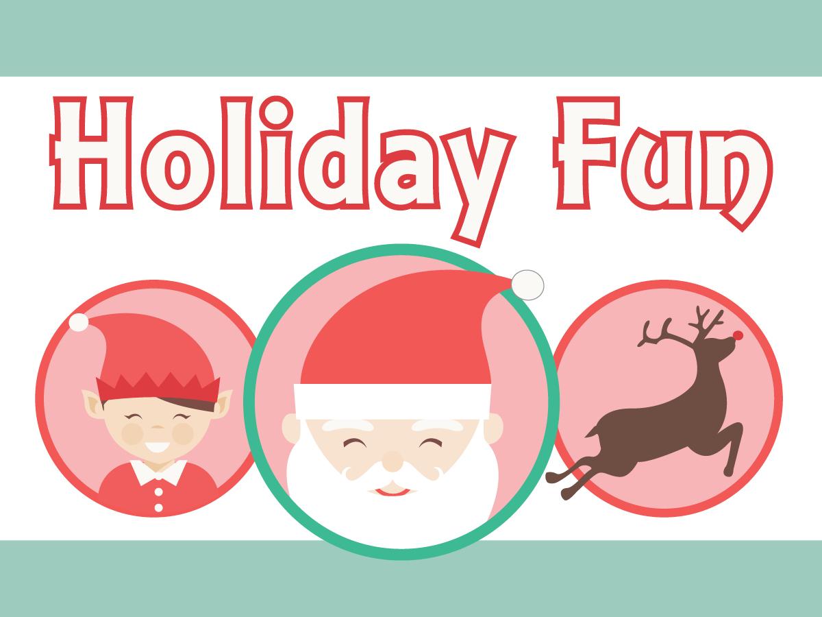 Illustration of an elf, a Santa face, and a reindeer. Each are in their own circle graphic.