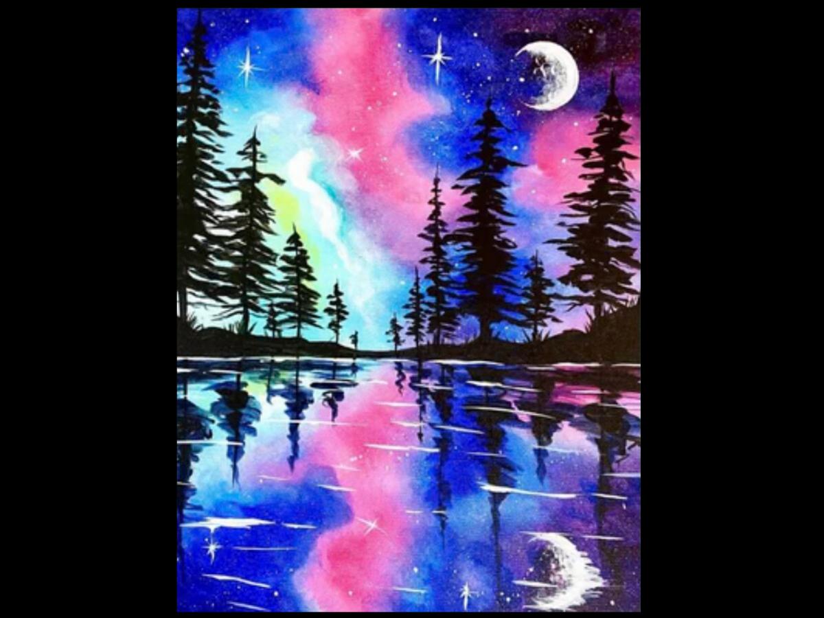 Painting of pine trees in a night sky.