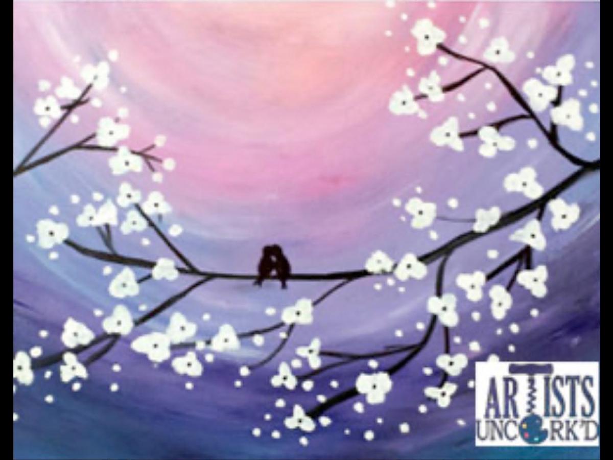 Painting of lovebirds in a tree