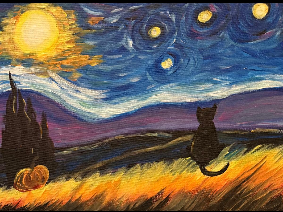 Starry night black cat painting